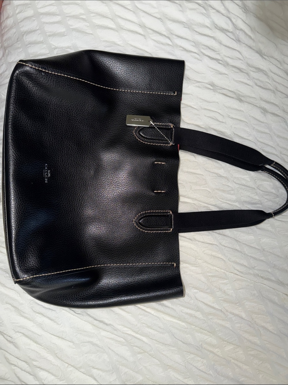 Coach Black Pebbled Leather Shoulder Tote with Contrast Stitching